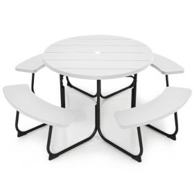 White Outdoor Metal and HDPE Picnic Table Bench Set with Umbrella Hole - Seats 8 White Outdoor Metal and HDPE Picnic Table Bench Set with Umbrella Hole - Seats 8