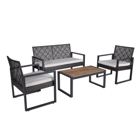 4-Piece Patio Furniture Set Outdoor Balcony Porch Garden Backyard Lawn Furniture Acacia Wood Table Top, Morden Brown and Beige Cushion 4-Piece Patio Furniture Set Outdoor Balcony Porch Garden Backyard Lawn Furniture Acacia Wood Table Top, Morden Brown and Beige Cushion